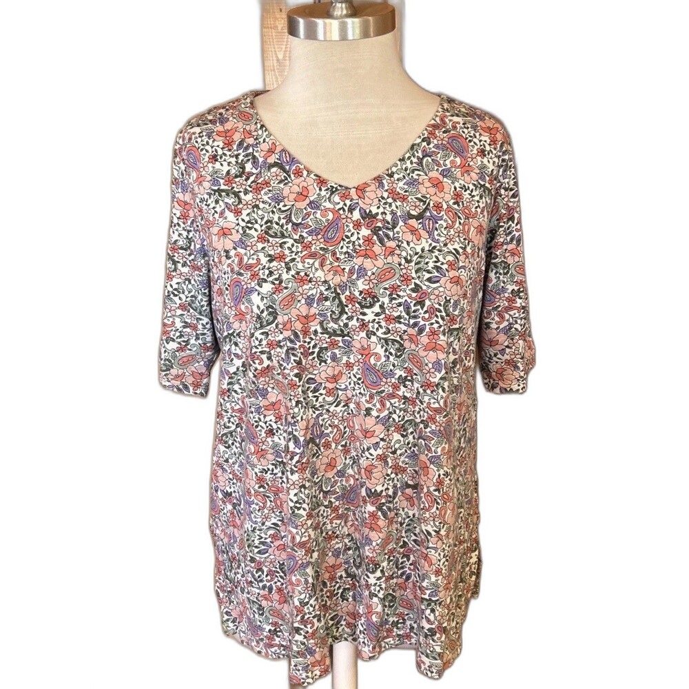 J. Jill Pima Cotton Tunic Top Sz Large Pink Blue Floral Paisley Stretchy Capsule